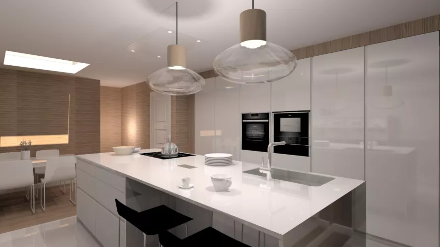 Aravaca | Cocina Santos | Modelo Line Laminado Blanco Brillo | Encimera Silestone Blanco