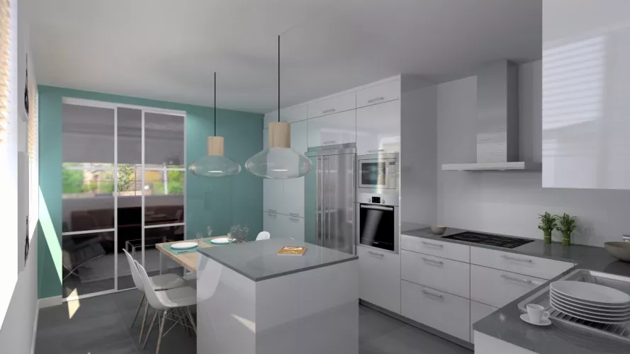 Aravaca | Cocina Santos | Modelo Plano Laminado Blanco Polar Brillo | Encimera Silestone Marengo