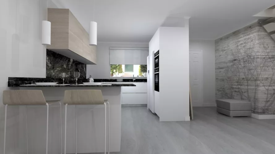 Cocina Santos Modelo Line E 13 Estratificado Grus Nube y Olmo Claro