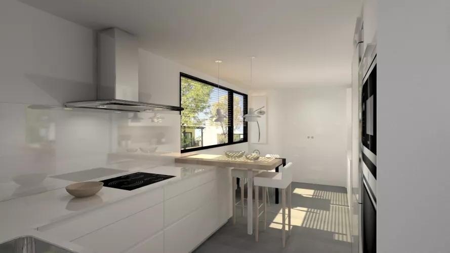 Aravaca | Cocina Santos | Modelo Line L Laminado Seda Blanco | Encimera Silestone Blanco