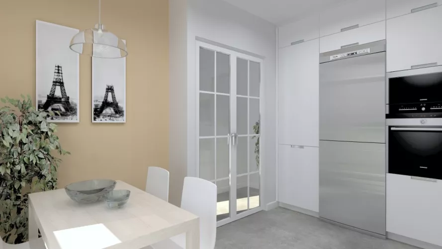 Aravaca | Cocina Santos | Modelo Minos Laminado Seda Blanco | Encimera Neolith Cement 