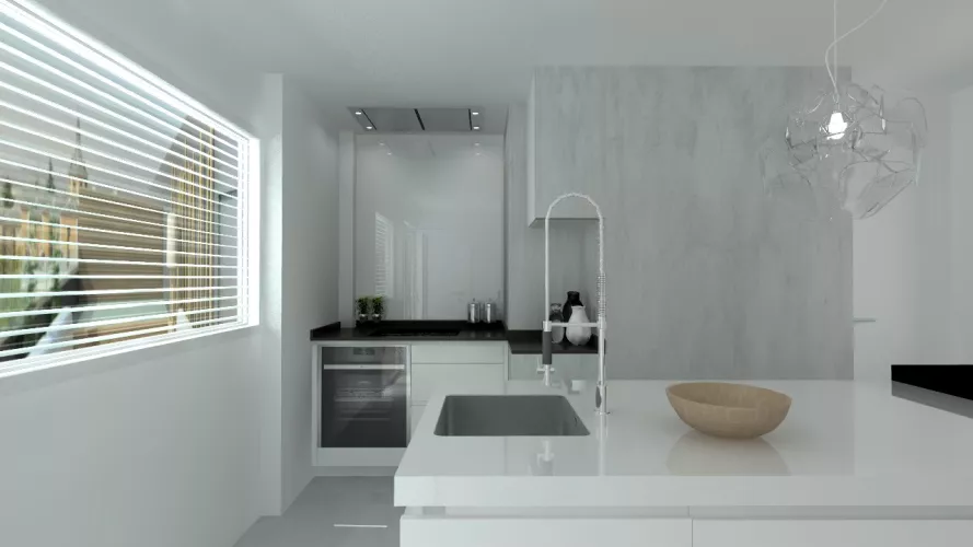 Madrid | Cocina Santos | Modelo Line E Estratificado Blanco | Encimera Granito Sahara Nights Neverwashed