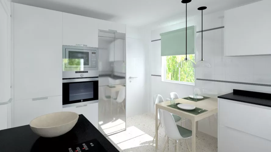 Madrid |Cocina Santos | Modelo Line L Blanco Seda Mate | Encimera Granito Negro