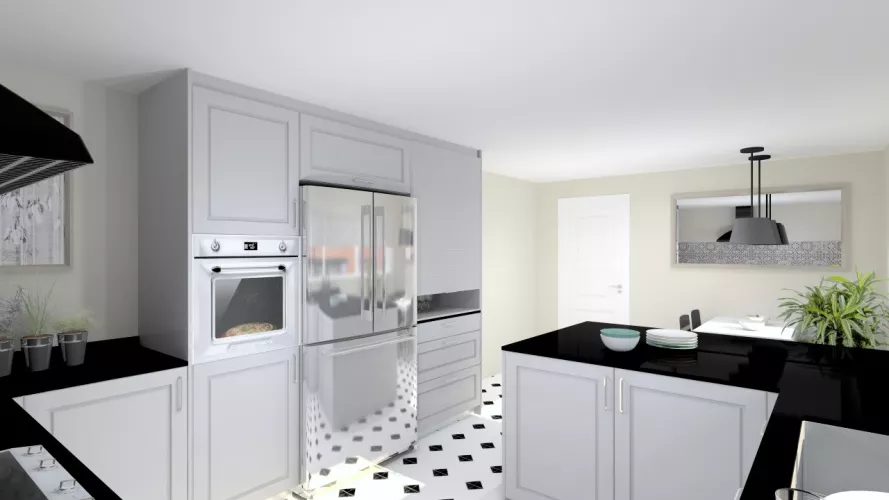 Madrid | Cocina Santos | Modelo Epoca Gris Piedra | Encimera Granito Negro Satén