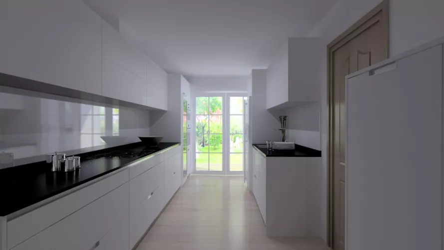 Aravaca | Cocina Santos | Modelo Minos Line Laminado Seda Blanco | Encimera Granito Zimbawe 