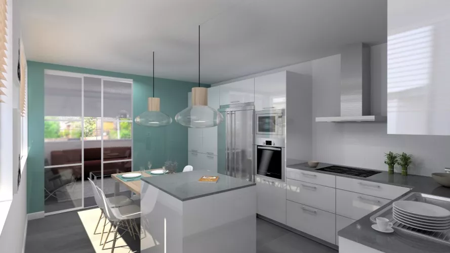 Aravaca | Cocina Santos | Modelo Plano Laminado Blanco Polar Brillo | Encimera Silestone Marengo