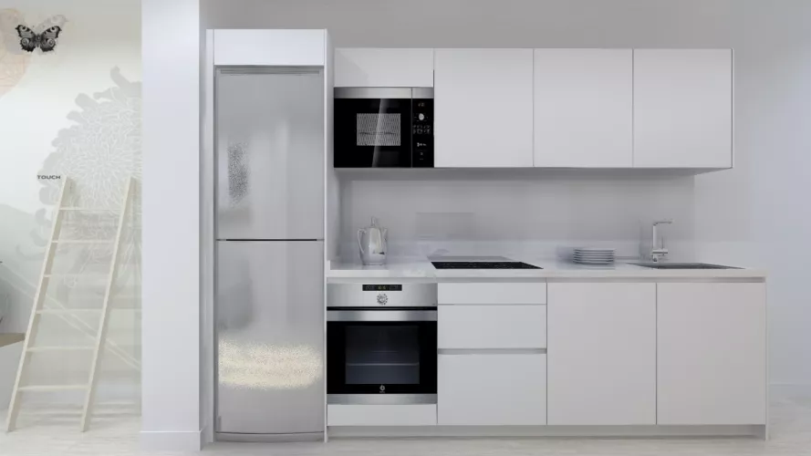 Cocina Santos | Modelo Line E13 Estratificado Blanco Innsbruck | Encimera Compac color Plomo