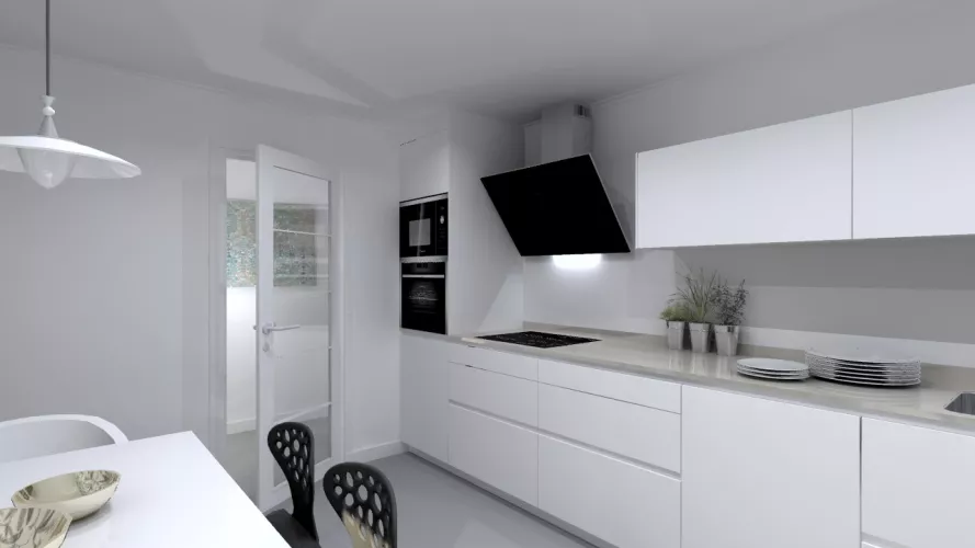 Cocina Santos Line E en Blanco Innsbruk con encimera Silestone Royal Reef y comedor iluminado