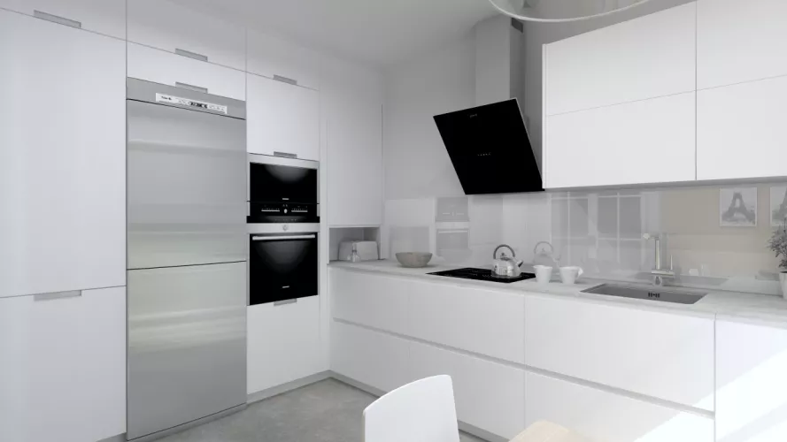 Aravaca | Cocina Santos | Modelo Minos Laminado Seda Blanco | Encimera Neolith Cement 