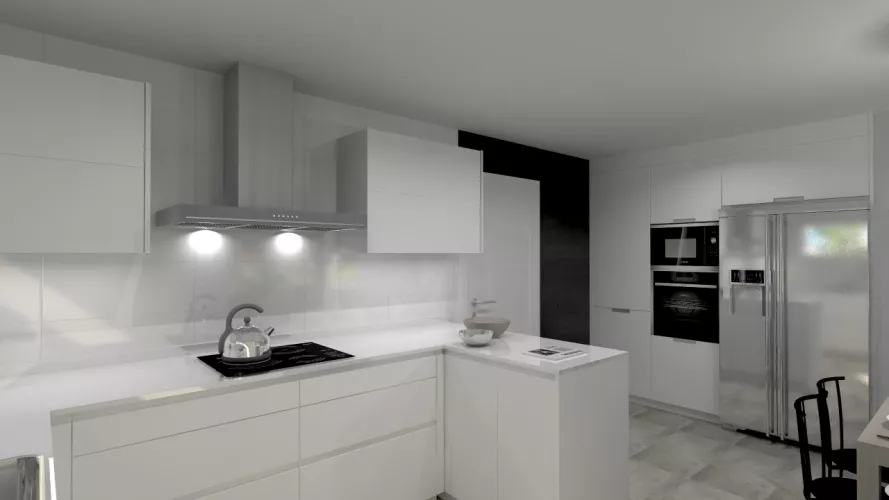 Santos Line cocina en laminado seda blanco con encimera Silestone blanco