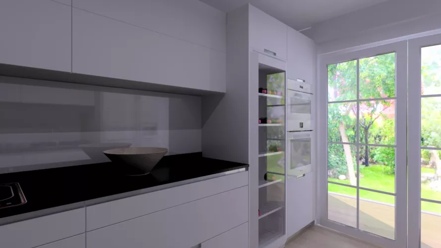 Aravaca | Cocina Santos | Modelo Minos Line Laminado Seda Blanco | Encimera Granito Zimbawe 