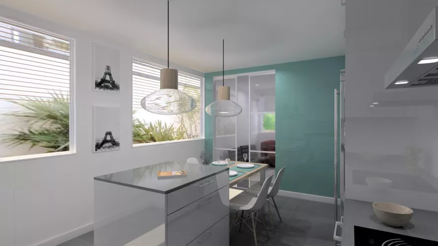 Aravaca | Cocina Santos | Modelo Plano Laminado Blanco Polar Brillo | Encimera Silestone Marengo