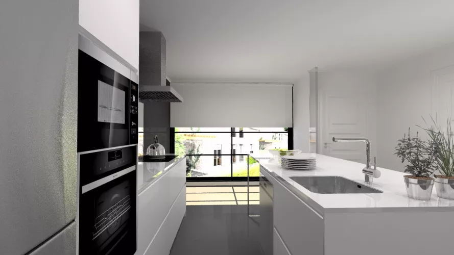 Cocina Santos | Modelo Line E Estratificado Blanco Innsbruk | Encimera Silestone Blanco Zeus