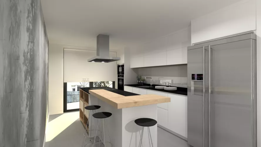 Aravaca | Cocina Santos | Modelo Line E 19 y Ariane 2 Estratificado Color Blanco Seff y Roble Barrica Vertical | Encimera Dekton Sirius