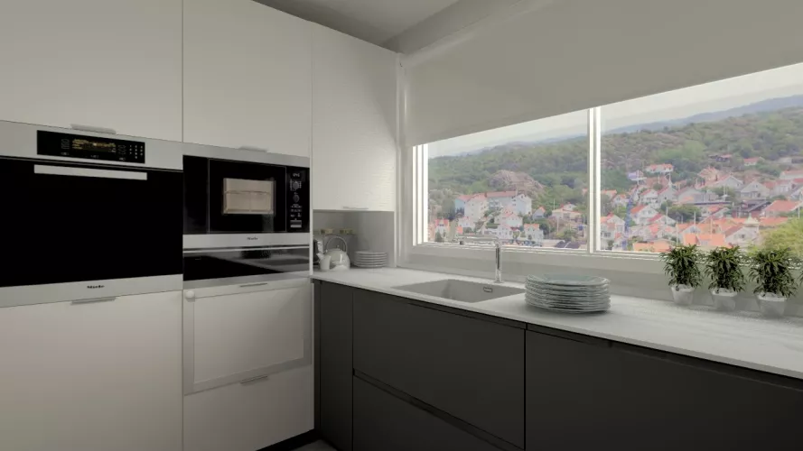 Aravaca | Cocina Santos | Modelo Intra Estratificado Gris Antracita | Encimera Porcelanico Estatuario