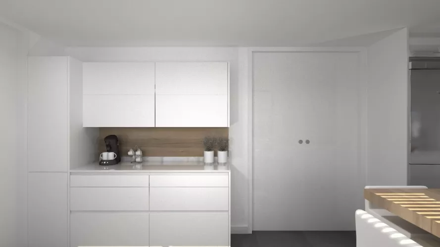 Aravaca | Cocina Santos | Modelo Line L Laminado Seda Blanco | Encimera Silestone Blanco