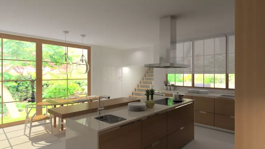 Aravaca | Cocina Santos | Modelo Minos W Chapa Nogal | Encimera Silestone Haiku