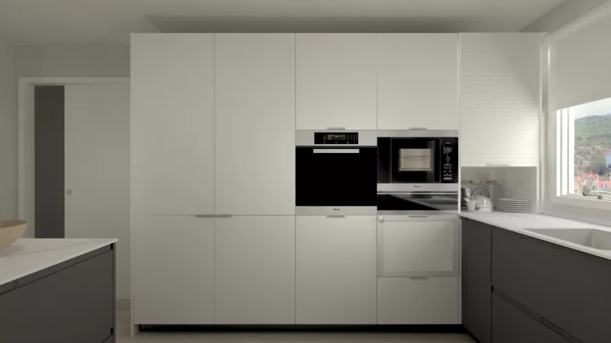 Aravaca | Cocina Santos | Modelo Intra Estratificado Gris Antracita | Encimera Porcelanico Estatuario