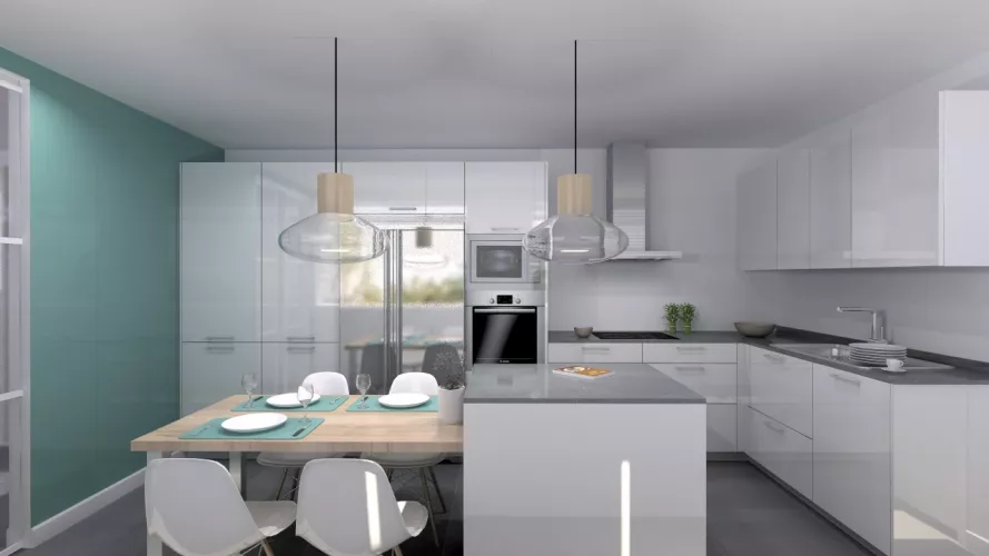 Aravaca | Cocina Santos | Modelo Plano Laminado Blanco Polar Brillo | Encimera Silestone Marengo