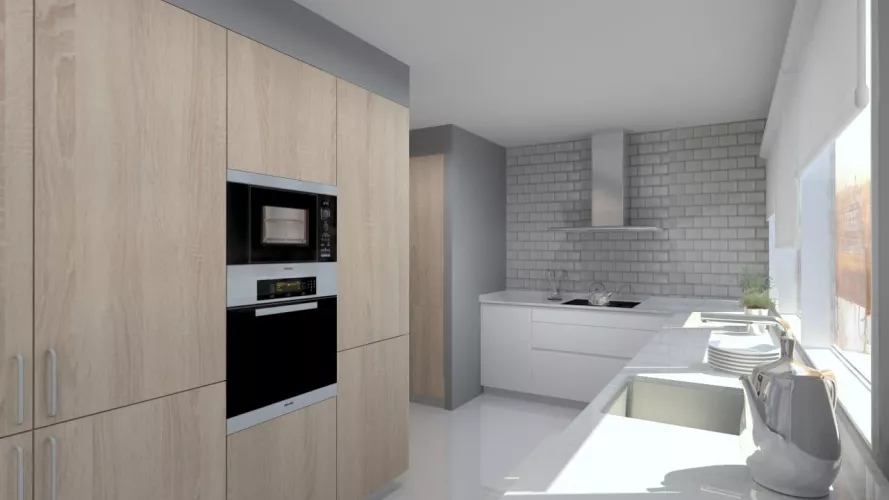 Cocina Santos | Modelo Line-E Y Ariane 2 Estratificado Blanco Seff Y Roble opt Barrica  |  Encimera Silestone Marengo