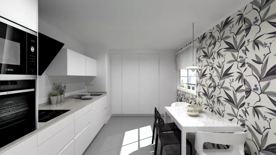 Cocina Santos Line E en Blanco Innsbruk con encimera Silestone Royal Reef y comedor iluminado