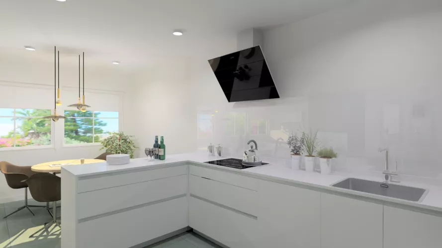 Cocina Santos | Modelo Line L 053 Minos Laminado Blanco Nieve | Encimera Silestone Blanco Zeus y Trasera Cristal Extra Claro