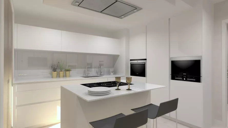 Cocina Santos | Modelo Line E 13 Estratificado y Laminado Blanco Innsbruck Olmo Claro y Gris | Encimera Neolith Color Artci White