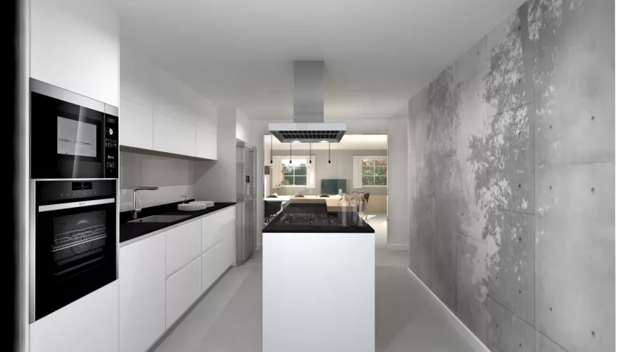 Aravaca | Cocina Santos | Modelo Line E 19 y Ariane 2 Estratificado Color Blanco Seff y Roble Barrica Vertical | Encimera Dekton Sirius