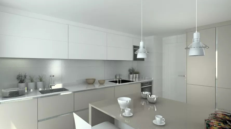 Cocina Santos | Modelo Line E Gris Arena y Blanco Seff | Encimera Silestone Blanco Zeus