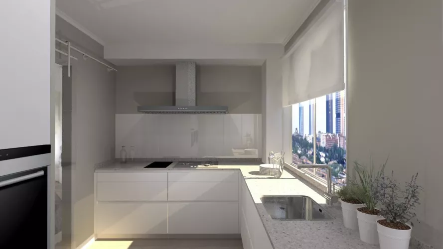 Cocina Santos | Modelo Line E13 Estratificado Blanco Innsbruck | Encimera Silestone Royal Reef