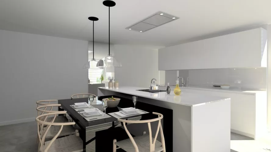 Cocina Santos I Modelo Line-E Blanco Seff y Modelo Minos-E color Negro Cromo Mate | Encimera Silestone Blanco Zeus