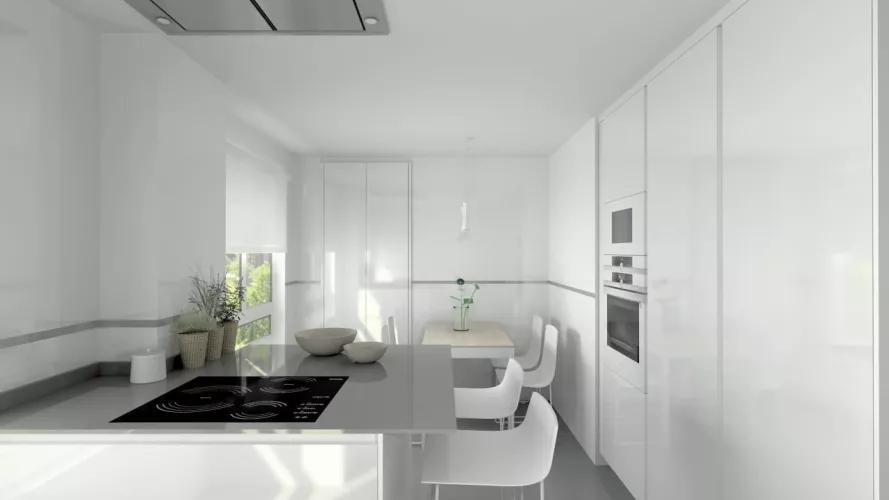 Cocina Santos Aravaca | Modelo Line E13 Estratificado Brillo Blanco Ártico | Encimera Silestone Cemento SPA