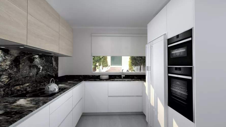 Cocina Santos Modelo Line E 13 Estratificado Grus Nube y Olmo Claro