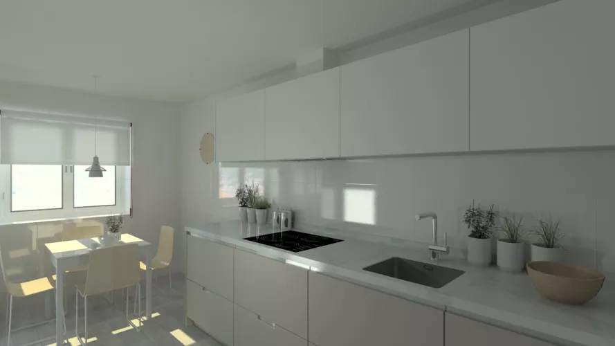 Cocina Santos | Modelo Minos Line-L Laminado Color Gris Arena y Gris C en Bajos y Muebles Altos Modelo Line-L Color Blanco Perla | Encimera Neolith Color Estatuario