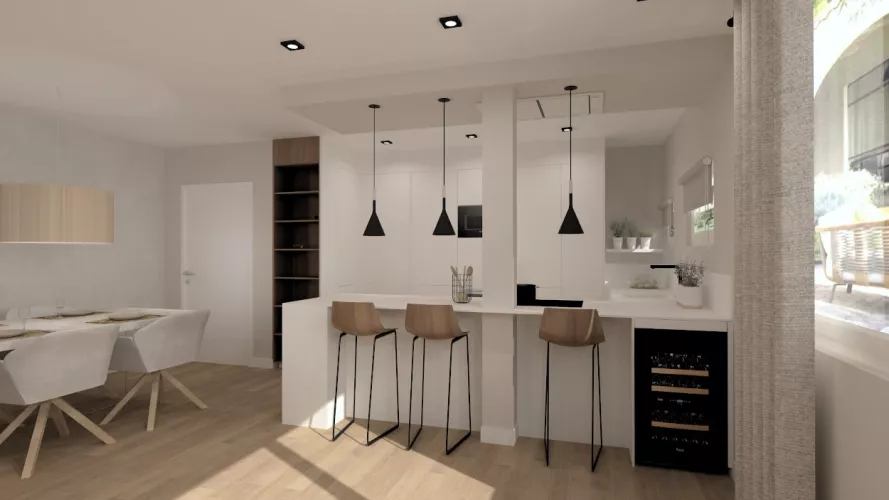 Península con barra en cocina blanca