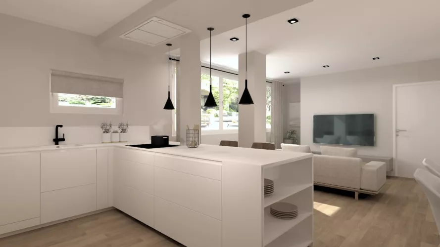 Península en cocina blanca