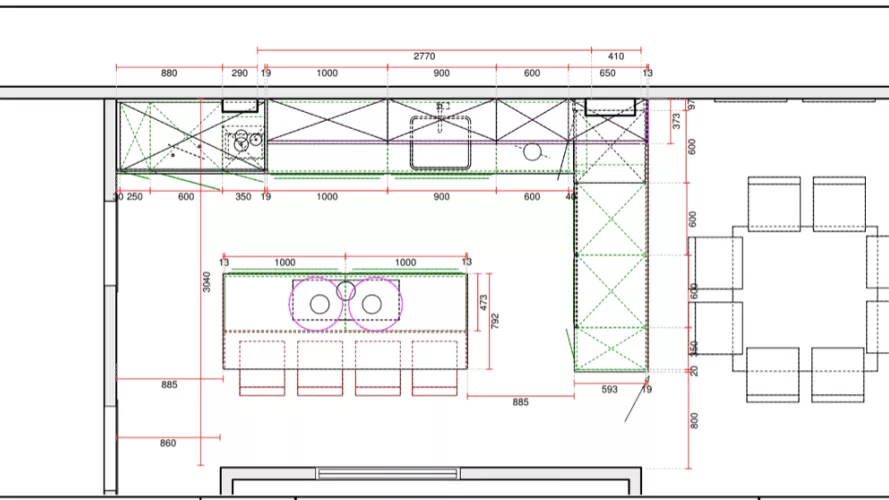 Plano Cocina Santos blanca y madera con isla