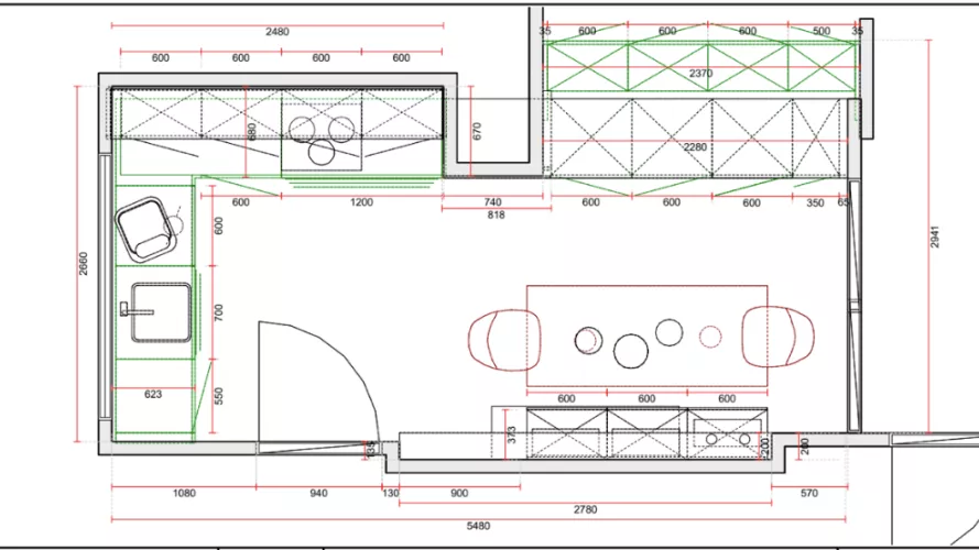 Plano Cocina Santos blanca y madera semiabierta al salón