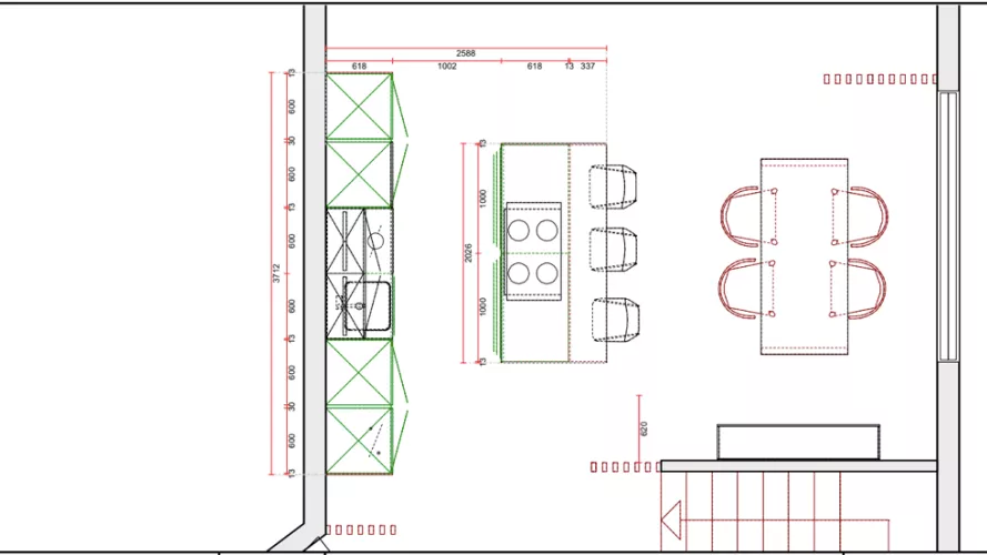 Plano cocina Santos negra con isla abierta al salón