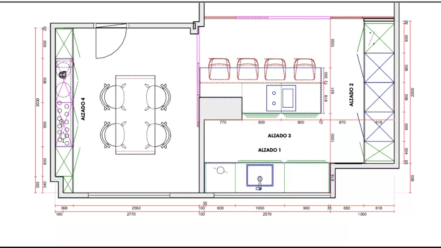 Plano cocina Santos nogal con dos espacios y península