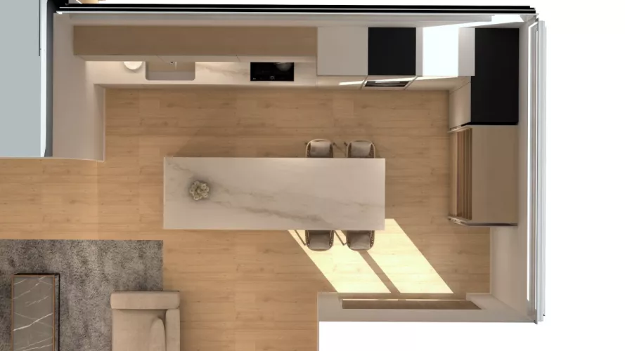 Planta cocina gris arena y roble