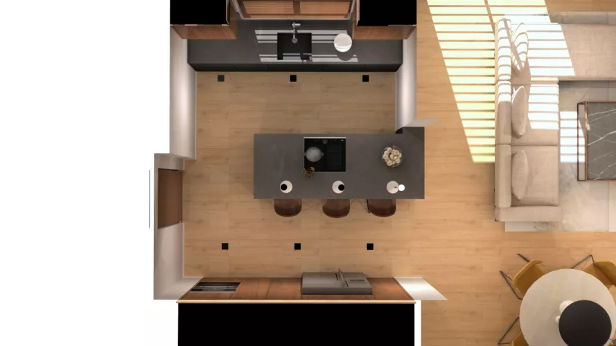 Planta cocina Santos negra y nogal