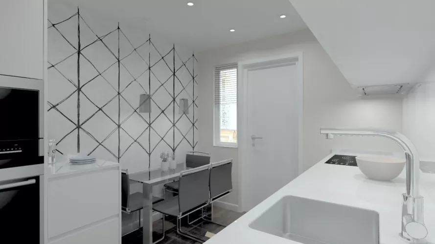 Madrid | Cocina Santos | Modelo Line L Laminado Seda Blanco | Encimera Silestone Blanco 