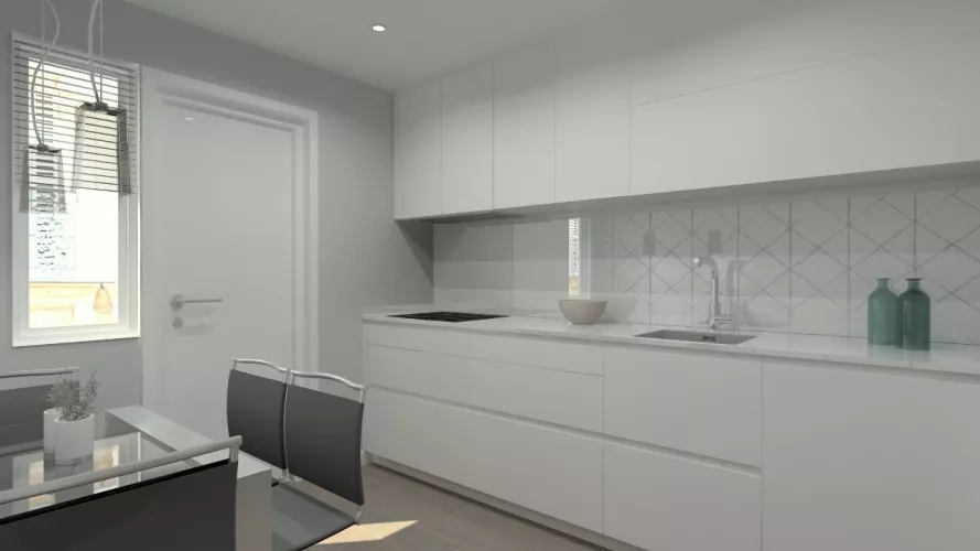 Madrid | Cocina Santos | Modelo Line L Laminado Seda Blanco | Encimera Silestone Blanco 