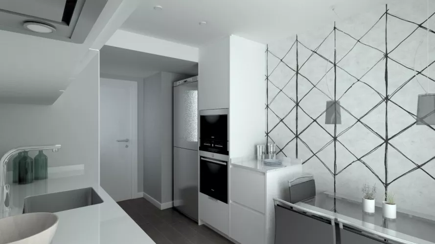 Madrid | Cocina Santos | Modelo Line L Laminado Seda Blanco | Encimera Silestone Blanco 