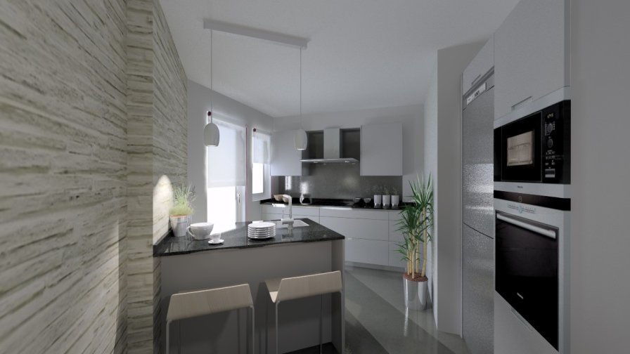 Aravaca | Cocinas Santos | Modelo Minos Line Gris Piedra | Encimera Granito Negro