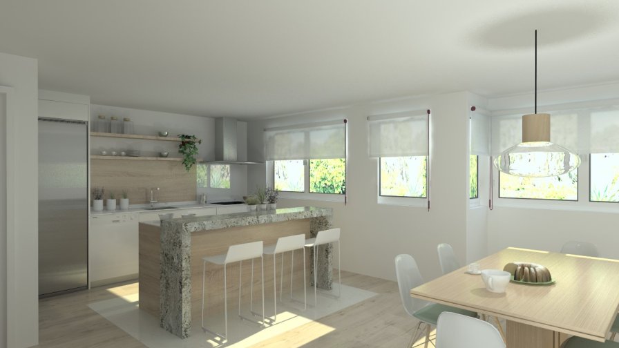 Aravaca | Cocina Santos | Modelo Minos Line Laminado Blanco y Roble Barrica | Encimera Dekton Blanco y Granito Lennon