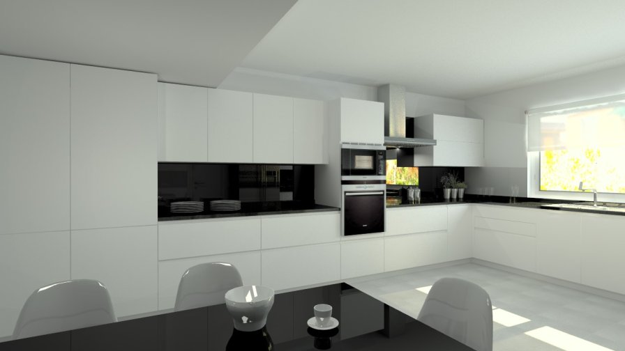 Aravaca | Cocina Santos | Modelo Line Laminado Seda Blanco | Encimera Granito Negro