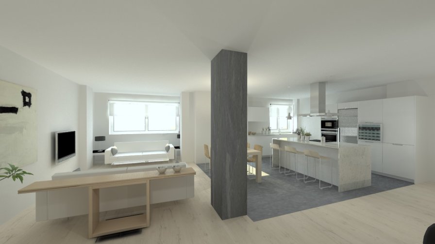 Aravaca | Cocina Santos | Modelo Minos Line Estratificado Gris Nube | Encimera Granito Warwick