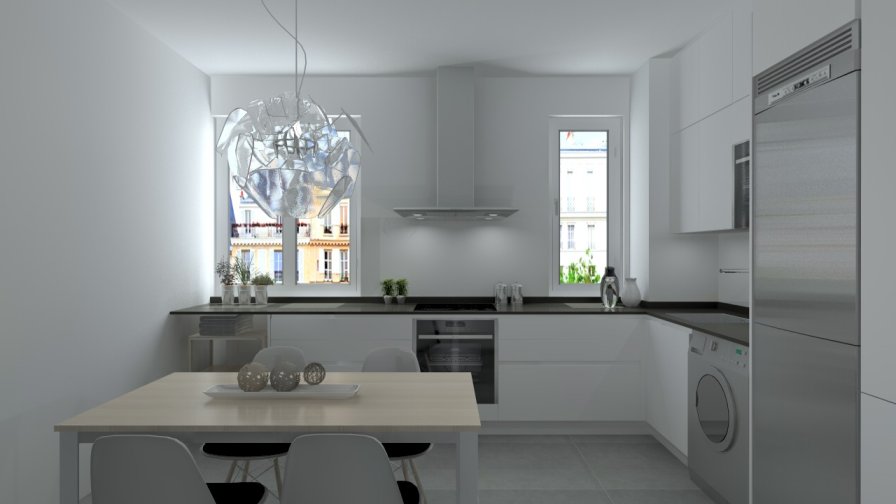 Madrid | Cocina Santos | Modelo Line L Laminado Seda Mate | Encimera Granito Sahara Night Pulido